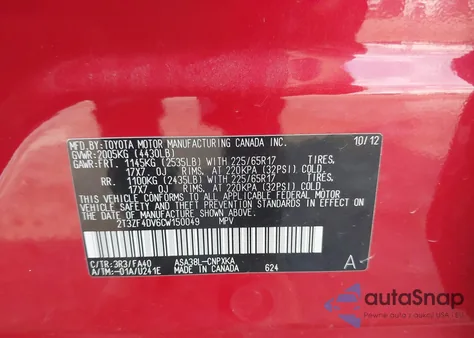 2012 Toyota Rav4 z USA, uszkodzony, nr VIN 2T3ZF4DV6CW150049